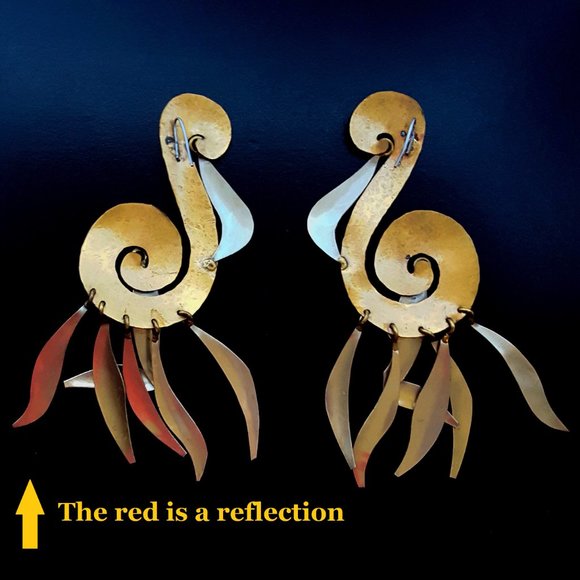 70s-80s Abstract Bird Earrings Handmade of Brass & Nickel Silver - Pierced 4.5"L - Picture 3 of 6